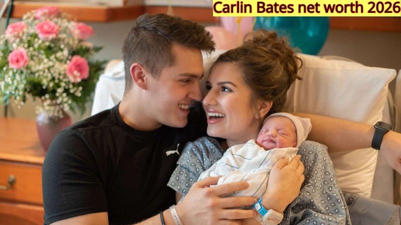 Carlin Bates with husband Evan Stewart and newborn baby, enjoying family life and reflecting her growing net worth.
